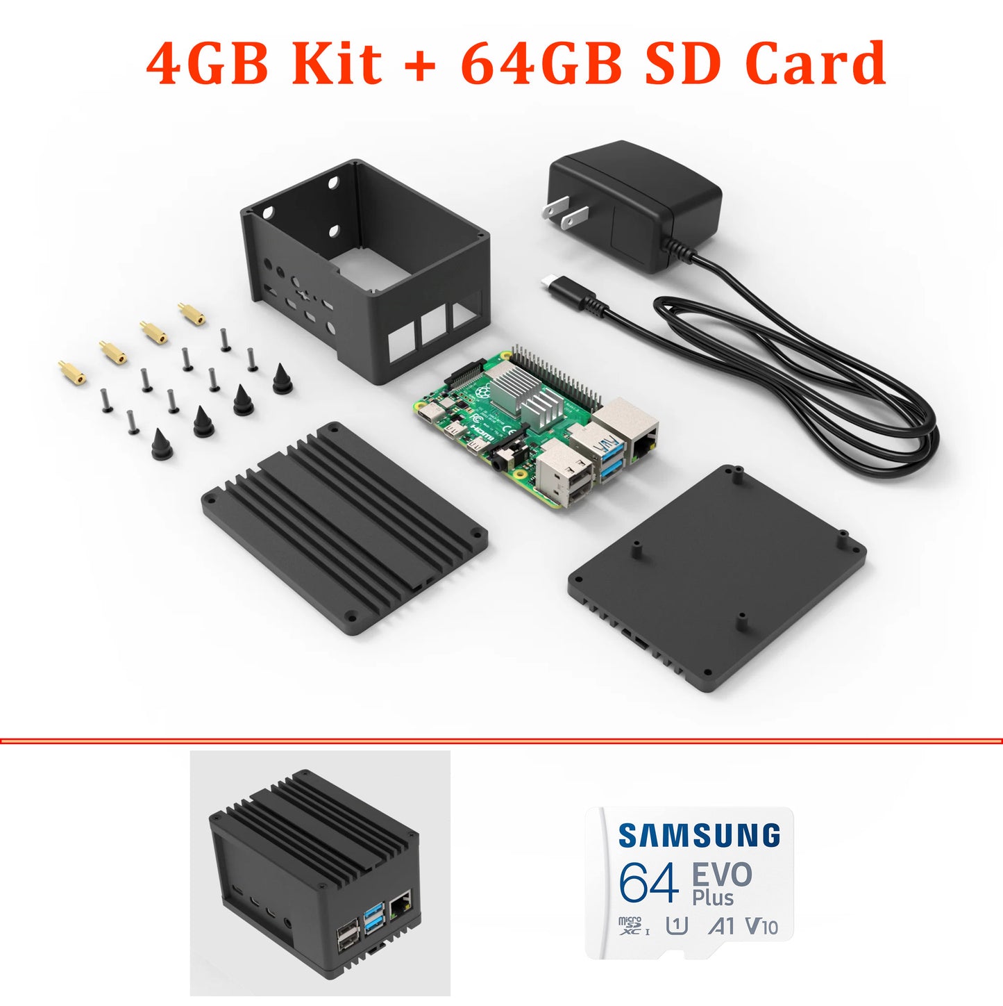 Raspberry Pi 4 4GB Kit - 64GB Card, Aluminum Case