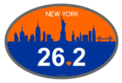 Oval sticker with New York skyline silhouette, '26.2', and 'New York' text on an orange and blue background.