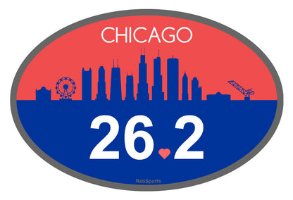 Oval sticker with Chicago skyline silhouette, '26.2', and heart symbol on red and blue background