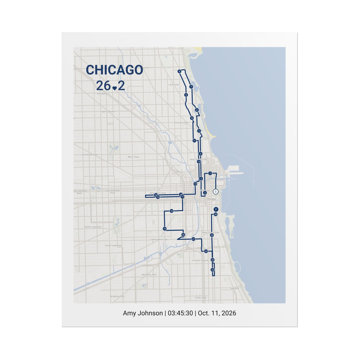 Chicago 26.2 Poster | Personalized Marathon Route Map | Custom Name & Finish Time | Unframed Print