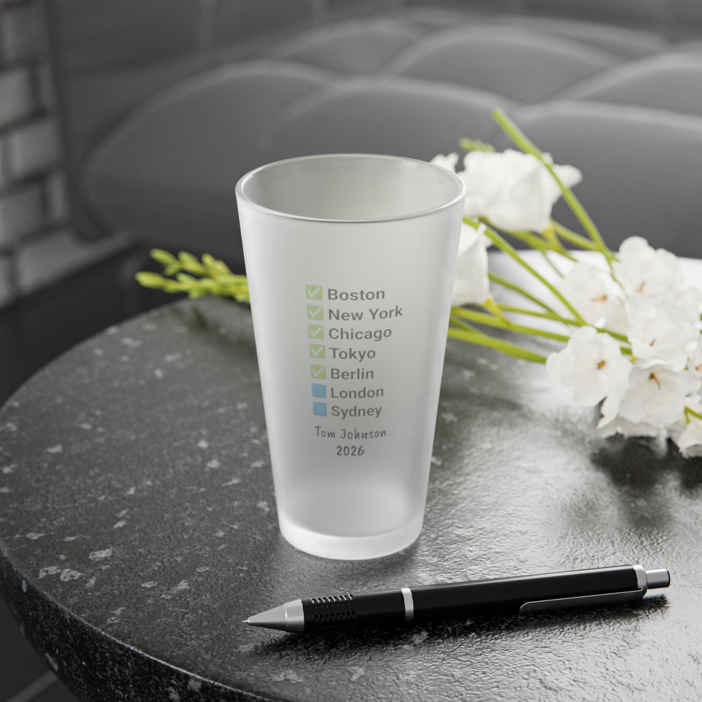 Custom Marathon Majors Frosted Pint Glass - Personalized Runner's Checklist Beer Gift