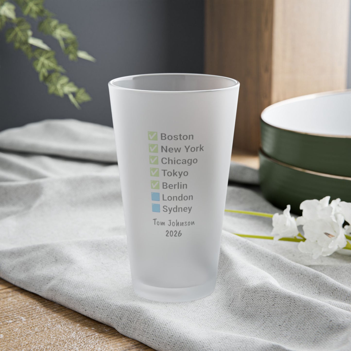 Custom Marathon Majors Frosted Pint Glass - Personalized Runner's Checklist Beer Gift
