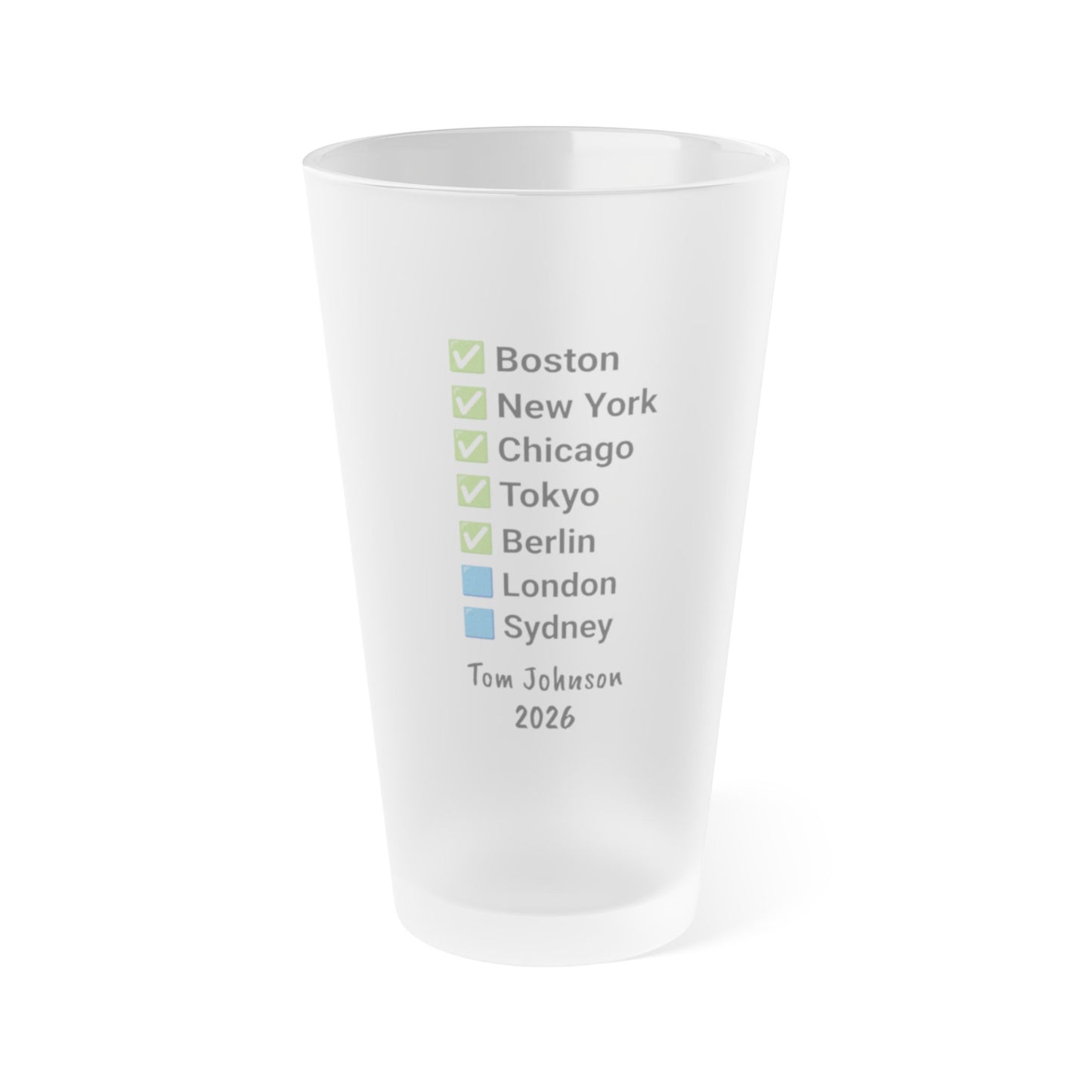 Custom Marathon Majors Frosted Pint Glass - Personalized Runner's Checklist Beer Gift