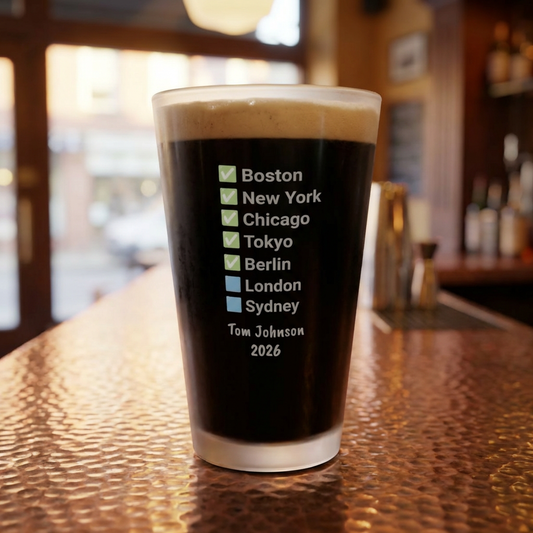 Custom Marathon Majors Frosted Pint Glass - Personalized Runner's Checklist Beer Gift