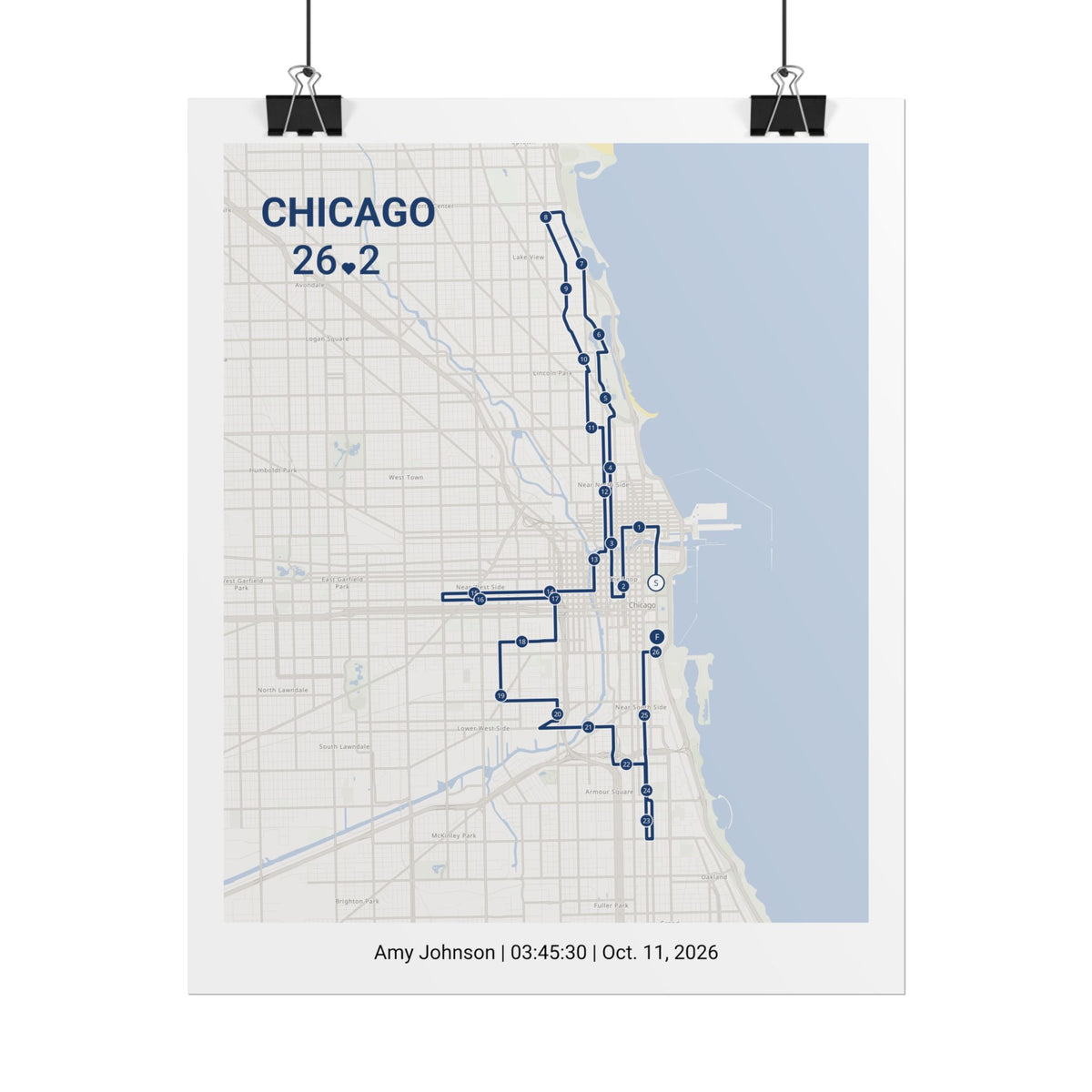 Chicago 26.2 Poster | Personalized Marathon Route Map | Custom Name & Finish Time | Unframed Print