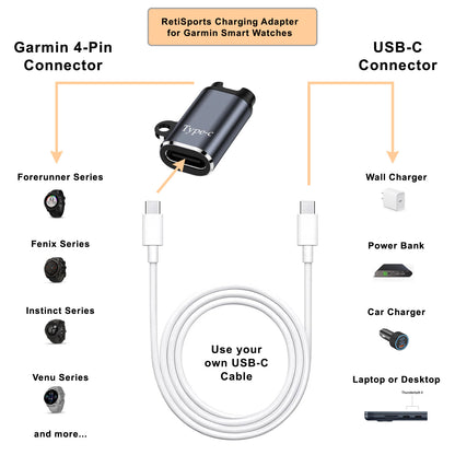 Garmin Charging/Data Cable and Adapter for Smart Watches and GPS Devices, 4-Pin USB-C Charger for Fenix, Forerunner, Approach, Venu, Instinct, Epix, Tactix, Vivoactive, And More