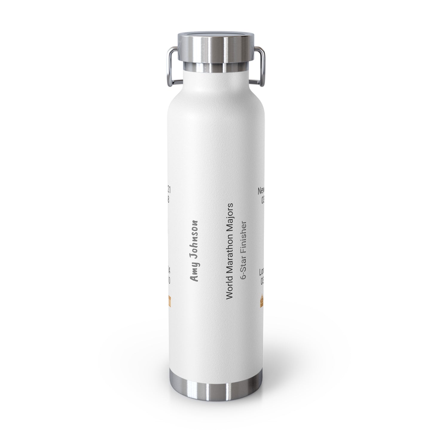 Personalized 6-Star Marathon Water Bottle, 22oz Stainless Steel Copper Insulated - Custom Finish Times for Boston, NYC, Tokyo & More