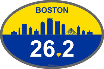 Oval sticker with Boston skyline and '26.2' on a yellow and blue background