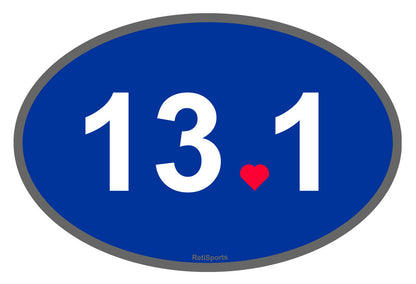 Blue oval sticker with '13.1' and a red heart on a white background