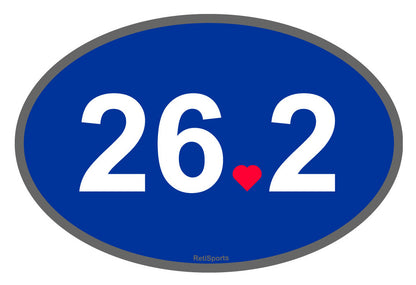 Oval sticker with '26.2' and a heart on a blue background
