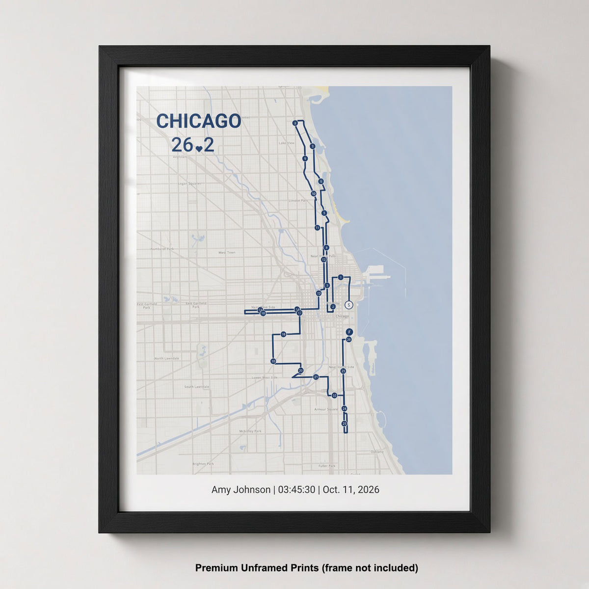 Chicago 26.2 Poster | Personalized Marathon Route Map | Custom Name & Finish Time | Unframed Print
